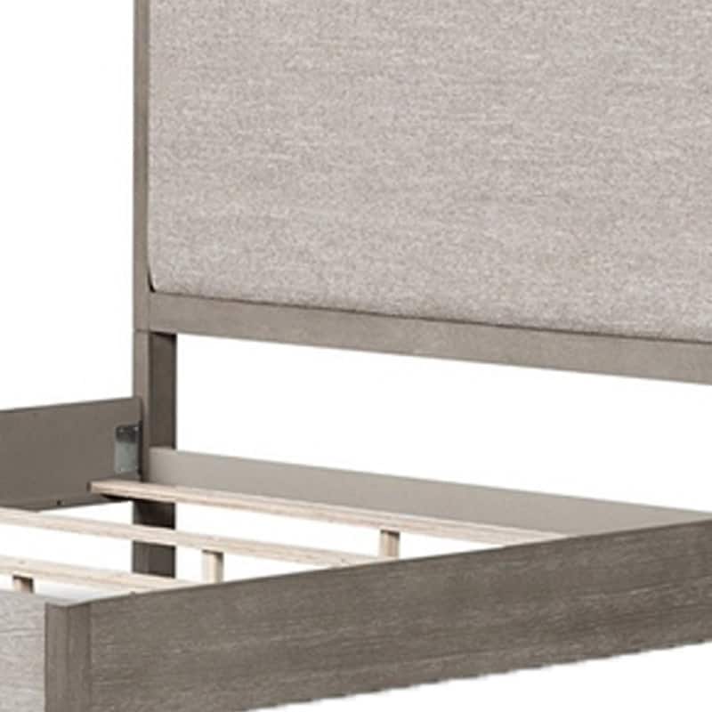 Rizvi King Bed, Upholstered Headboard, Beveled Mirror, Gray Solid Wood