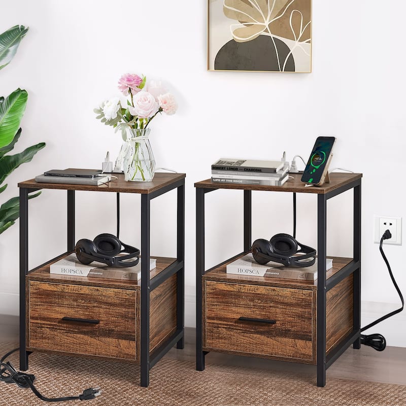 Javlergo Set of 2 Nightstand with Charging Station and Drawers, End Side Tables with Open Storage Shelf