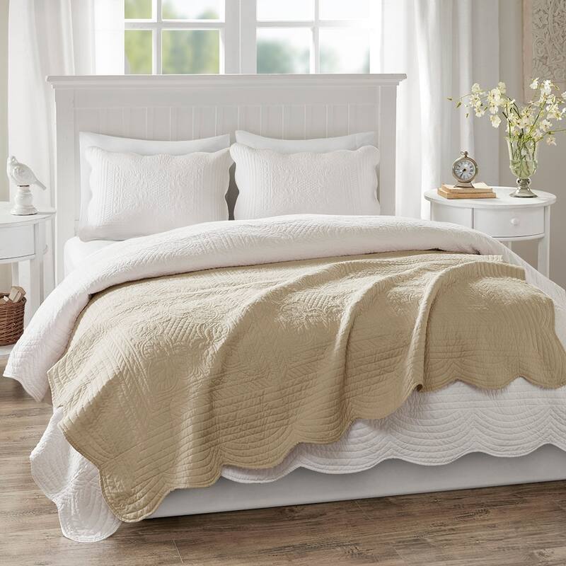 Madison Park Tuscany Oversized Quilted Throw with Scalloped Edges - Khaki