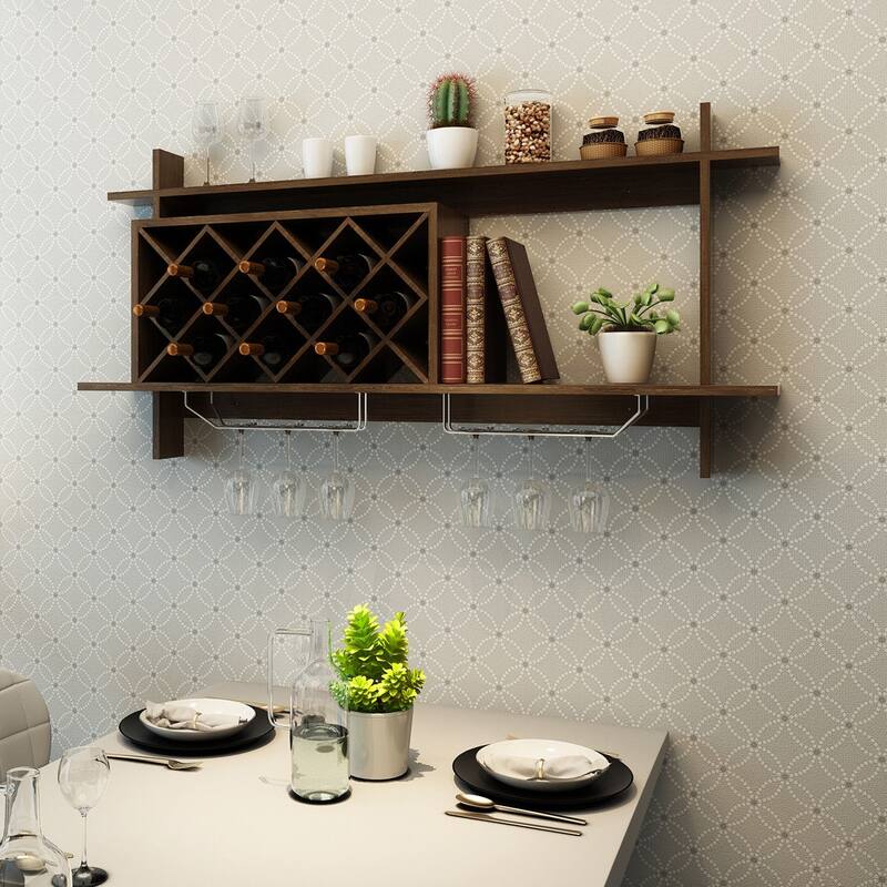 Gymax Wall Mount Wine Rack Organizer With Glass Holder & Storage Shelf