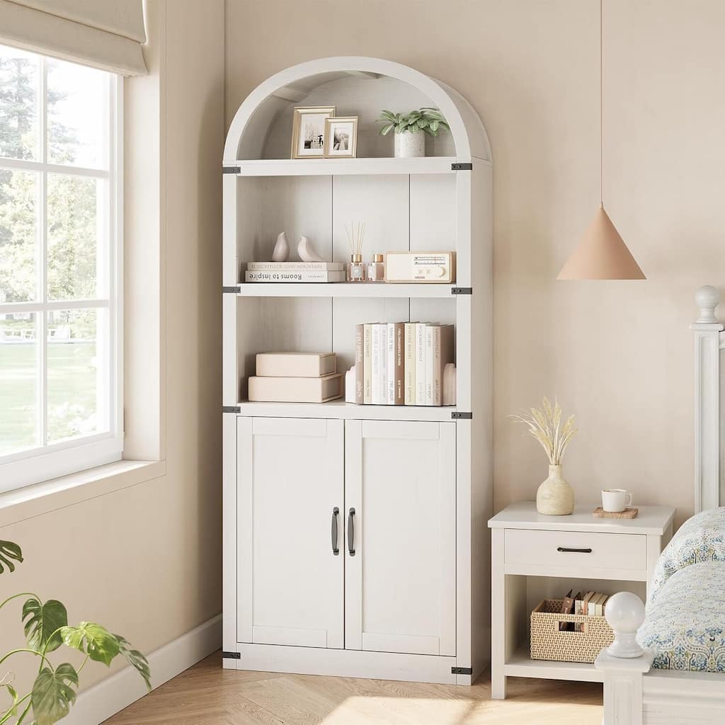 71.65" Tall Farmhouse 3-Tier Arched Bookcase, Display Storage Shelf - N/A