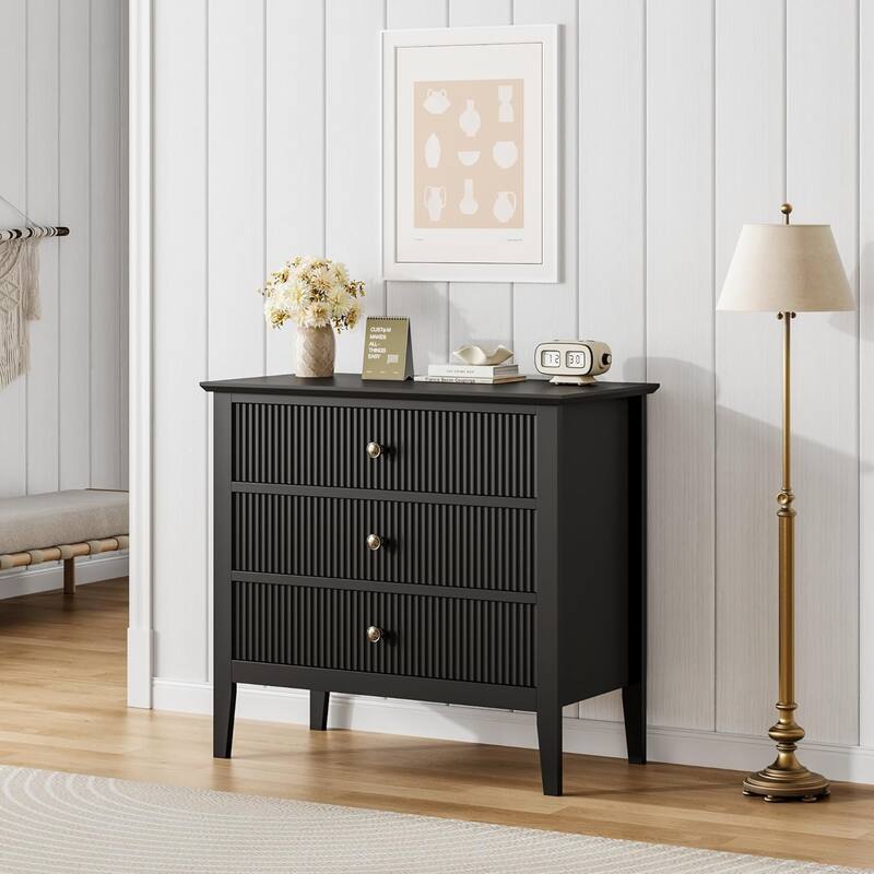 Modern 3-Drawer Dresser with Fluted Wood Front, 30" Wide Storage Cabinet for Bedroom, Living Room, or Entryway - Black