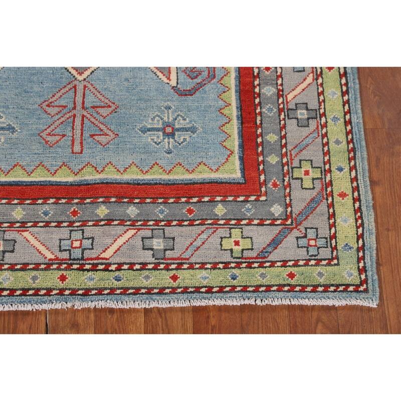 Light Blue Geometric Kazak Foyer Rug Hand-Knotted Wool Carpet - 3'6" x 5'3"
