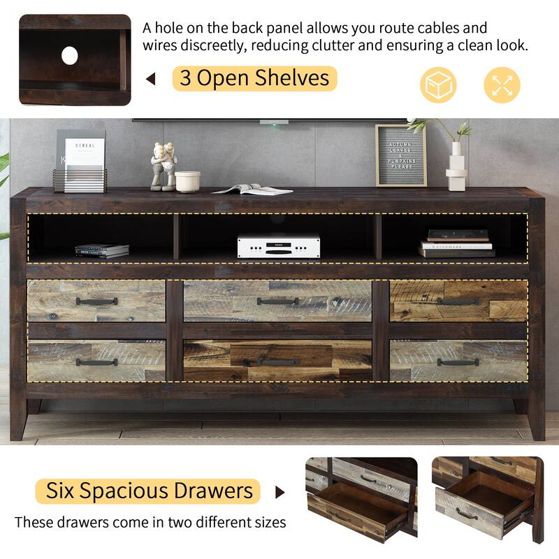 64" Distressed Wood TV Stand, 6 Drawer Storage & 3 Shelves, Cable Management - Farmhouse Style