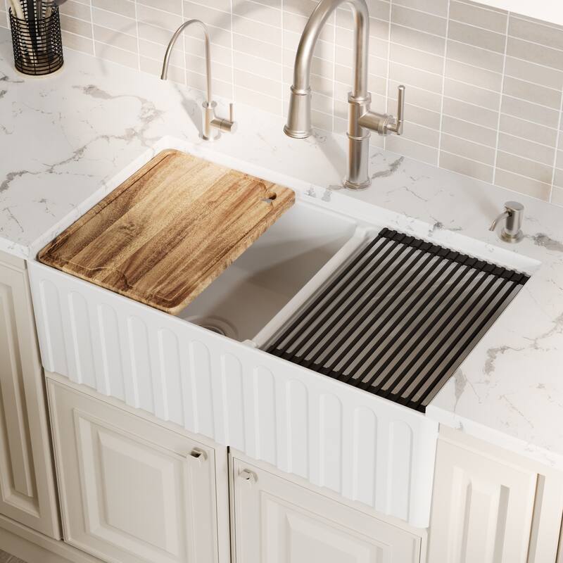 Karran 33" Double Bowl Workstation Fireclay Kitchen Sink with Reversible Fluted Apron Front
