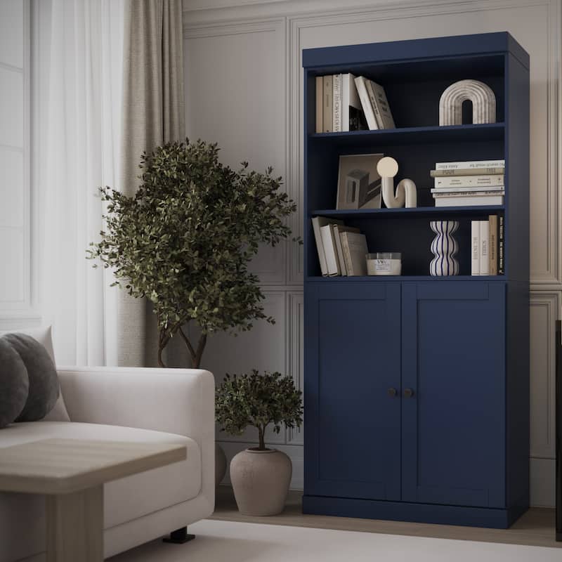 Solid Wood Tall Bookcase with Doors, Adjustable Shelves, Modular Storage, Open Display Bookshelf, 32" W x 71.5" H