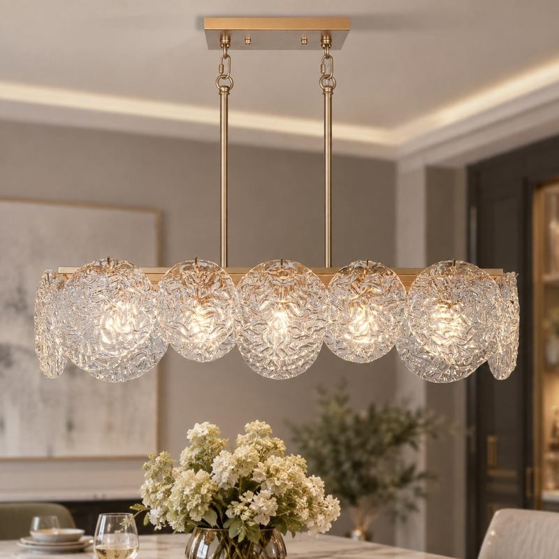 Modern Gold 5-Light 33" Rectangle Glass Chandelier Island Light for Dining Room - 33" L x 9" W x 7.5" H