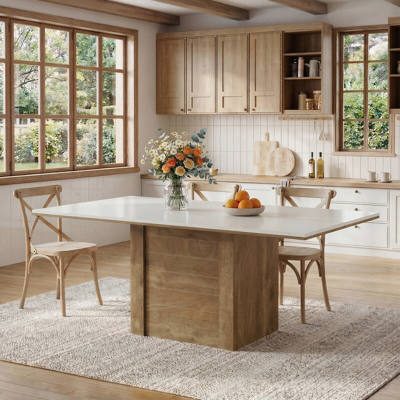 55" Rectangular Dining Table for 4 to 6 People, Kitchen Table for Dining Room & Living Room - White+Brown