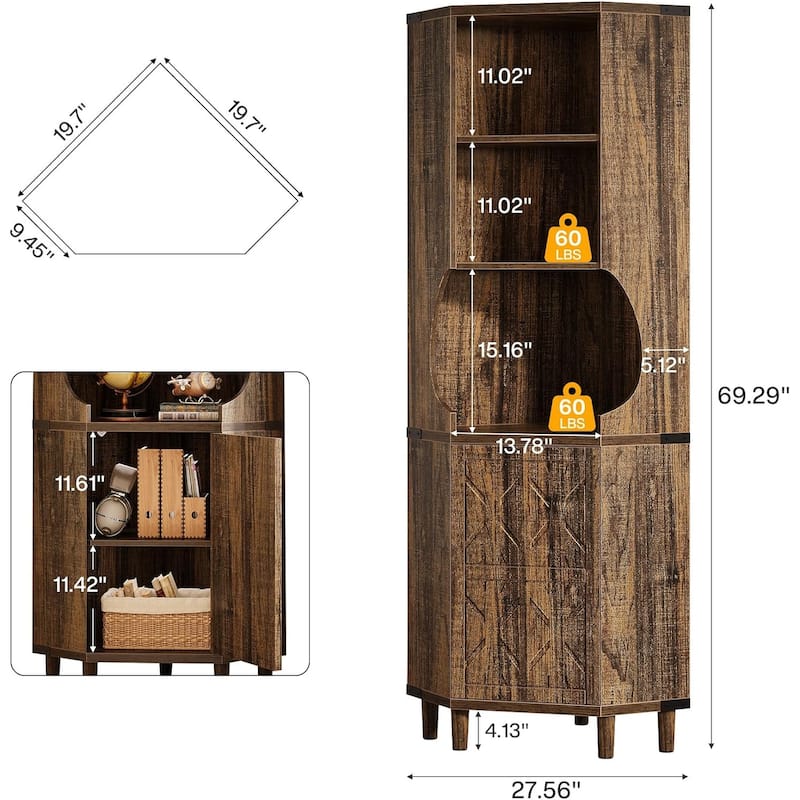 69.29'' Tall Corner Cabinet, Mid Century Kitchen Pantry with Doors, Freestanding Home Space Saver for Living Room, Rustic Brown