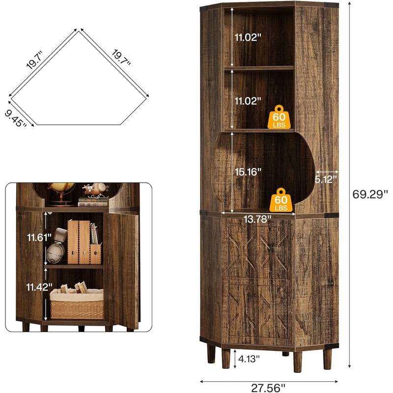 69.29'' Tall Corner Cabinet, Mid Century Modern Bookcase/Bookslves with Doors and Adjustable Shelves