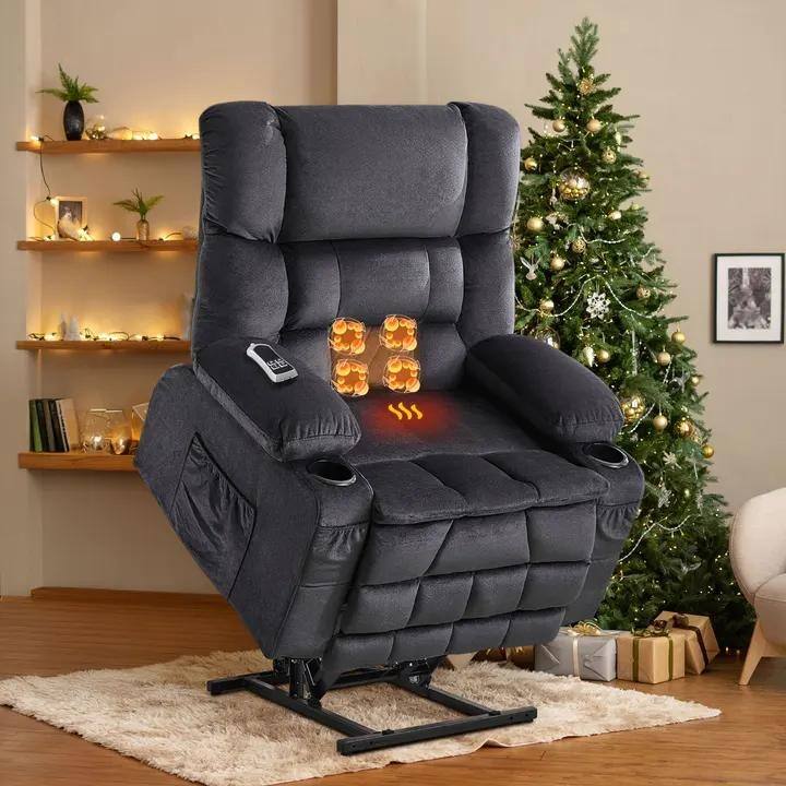 Dual Motor Power Lift Recliner Chair, Lay Flat Lift Chair w/Heat and Massage & Cup Holders, Extra Wide Recliner for Big People - Grey