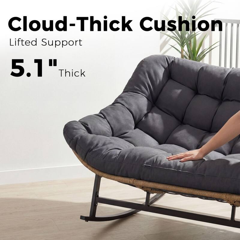 60" Double Papasan Rocking Chair for 2, 700-lb Capacity Wicker Egg Rocker with 5.1" Thick Cushion