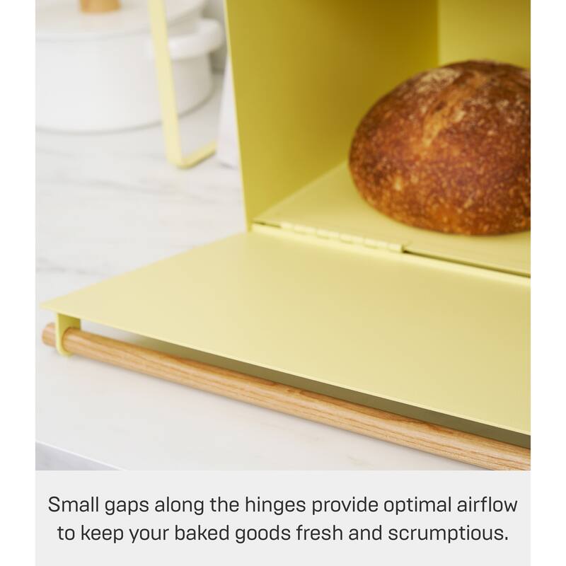Yamazaki Home Bread Box - Two Styles, Steel and Wood, Horizontal, Holds 22.2 lbs - L 14.37 x W 16.93 x H 9.45 inches