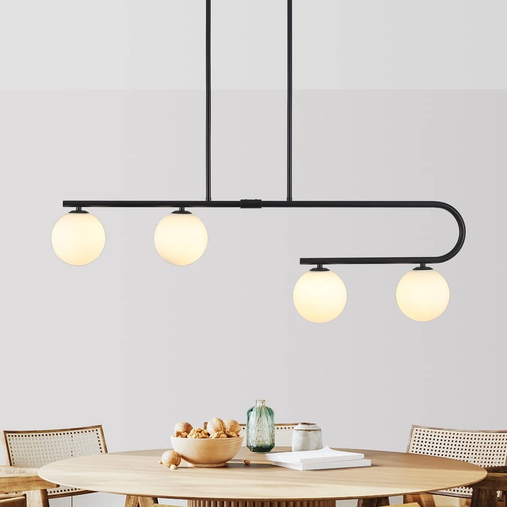 4-Light Modern Hanging Island Linear Chandelier Lighting Fixture with Glass Shade for Kitchen Foyer Dining Room