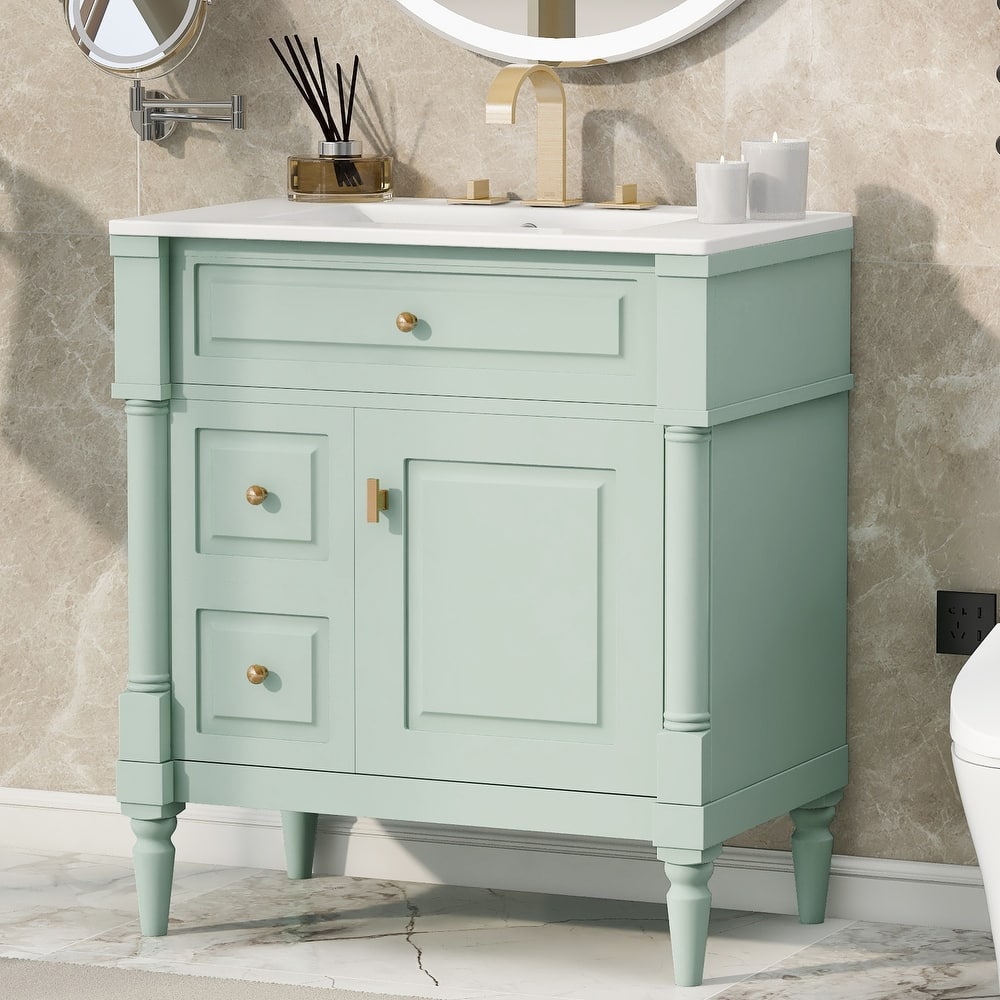 Roomfitters 30" Bathroom Vanity with Sink, Solid Wood Frame, Flip Drawer, 2 Drawers & Door Rack