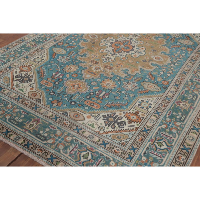 Light Blue Tabriz Persian Vintage Area Rug Hand-Knotted Wool Carpet - 6'5" x 9'5"
