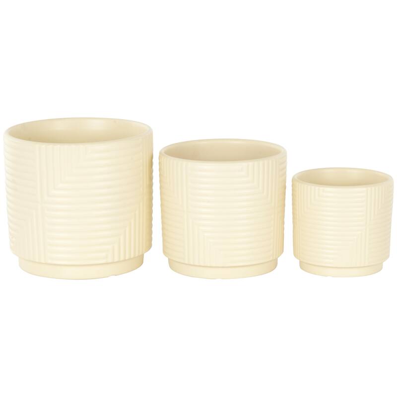 Ceramic Geometric Indoor Outdoor Planter with Layered Square Shaped Grooves - Set of 3 Pink, Cream or Gray - Roche River Decor