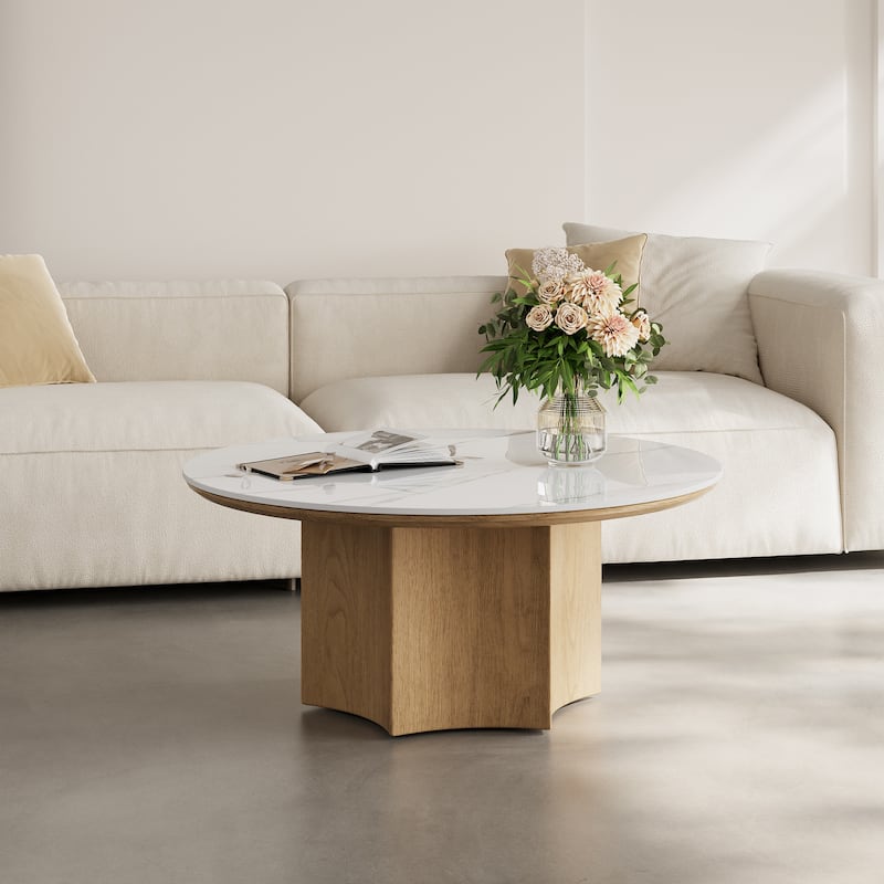 Mid-century Modern Coffee Table,35.43" With White Sintered Stone Table Top, Solid Wood Legs