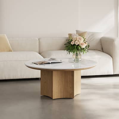 Mid-century Modern Coffee Table,35.43" With White Sintered Stone Table Top, Solid Wood Legs
