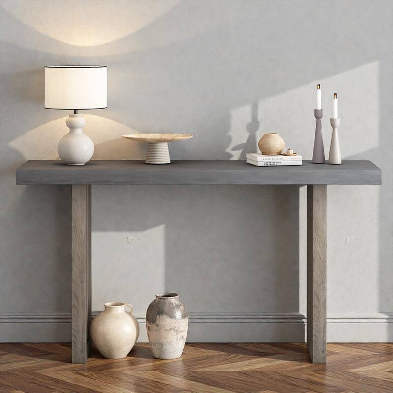 Oak Veneer Console Table with Unique Side Design, Modern Entryway Table for Hallway Living Room - Grey