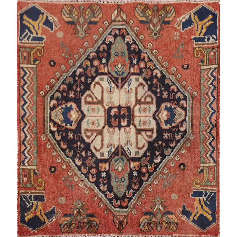 Geometric Abadeh Persian Vintage Square Rug Hand-Knotted Wool Carpet - 1'10" x 1'11"