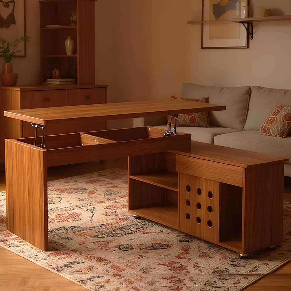 55.1''L, Walnut Home Office L-Shaped Executive Desk , Height Adjustable Desk with Storage Drawers and Cabinet