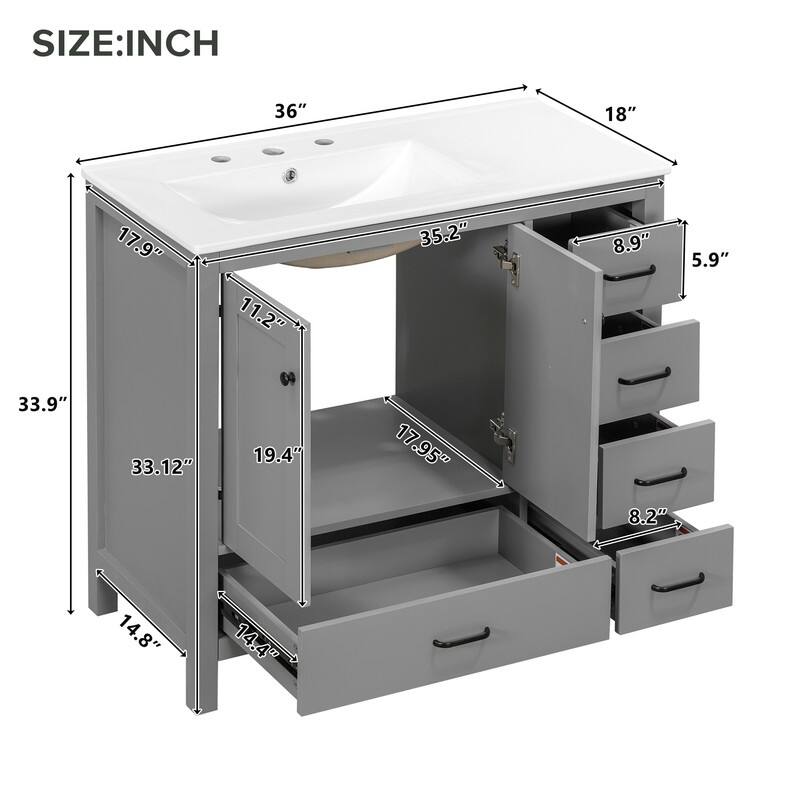 36" Bathroom Vanity with Ceramic Sink, 2 Soft close doors and 5 drawers