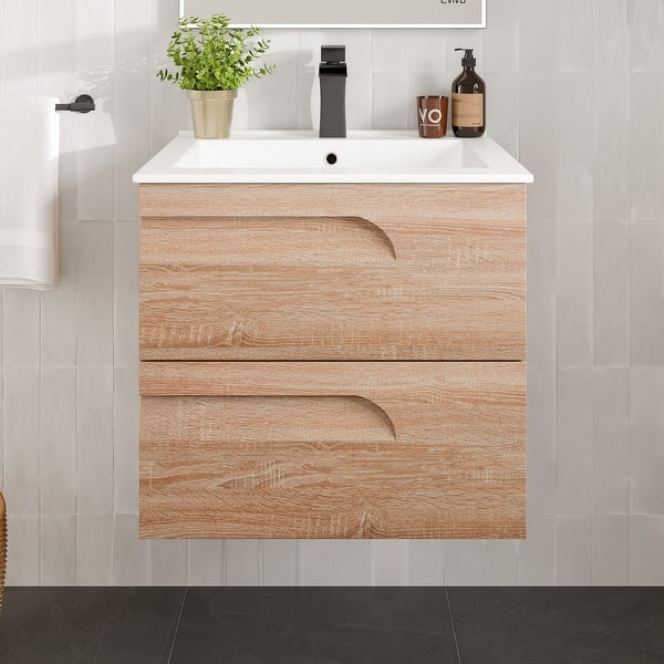slide 2 of 7, Eviva Joy 24"W Maple Wall Mount Bath Vanity with Porcelain Top