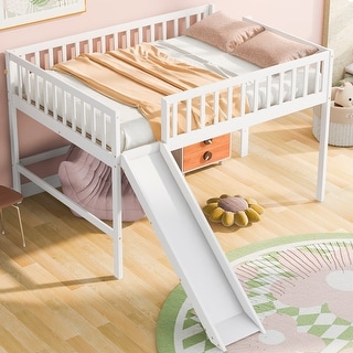 Full Size Low Loft Bed with Ladder and Removable Slide, Space-Saving Design, White