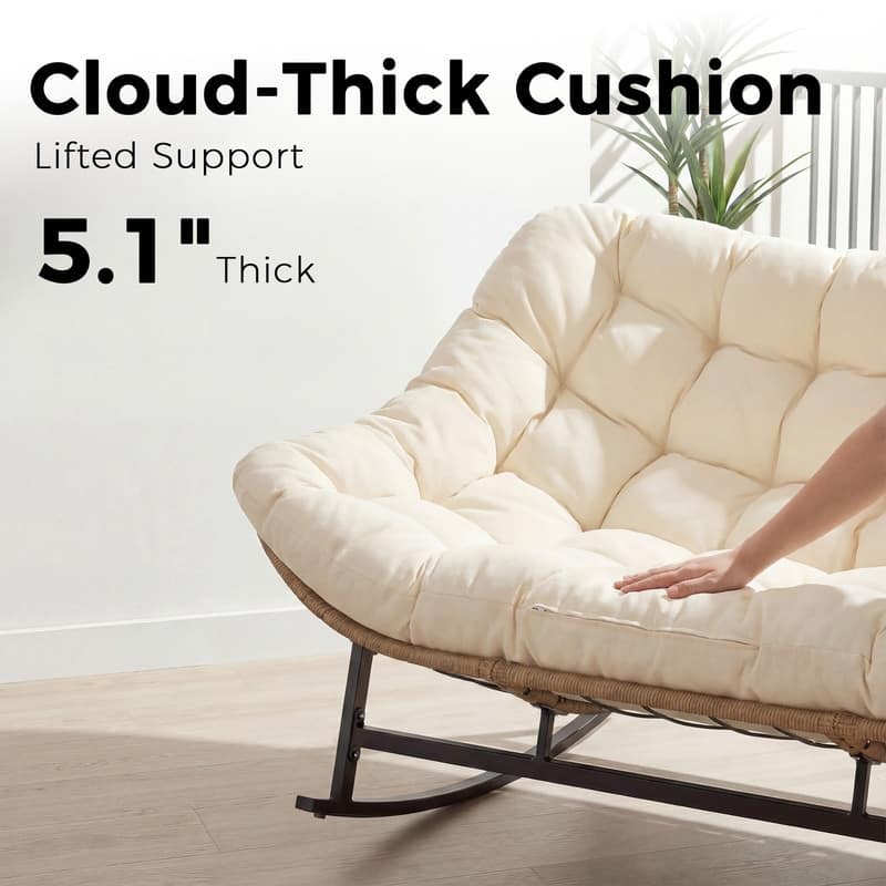 60" Double Papasan Rocking Chair for 2, 700-lb Capacity Wicker Egg Rocker with 5.1" Thick Cushion