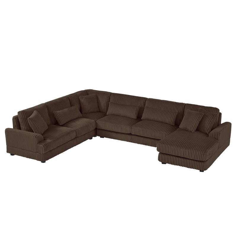 U-Shaped Sectional Sofa with Chaise Lounge, Oversized Corduroy Upholstered Sofa, 5 Seater Sofa with Removable Throw Pillows