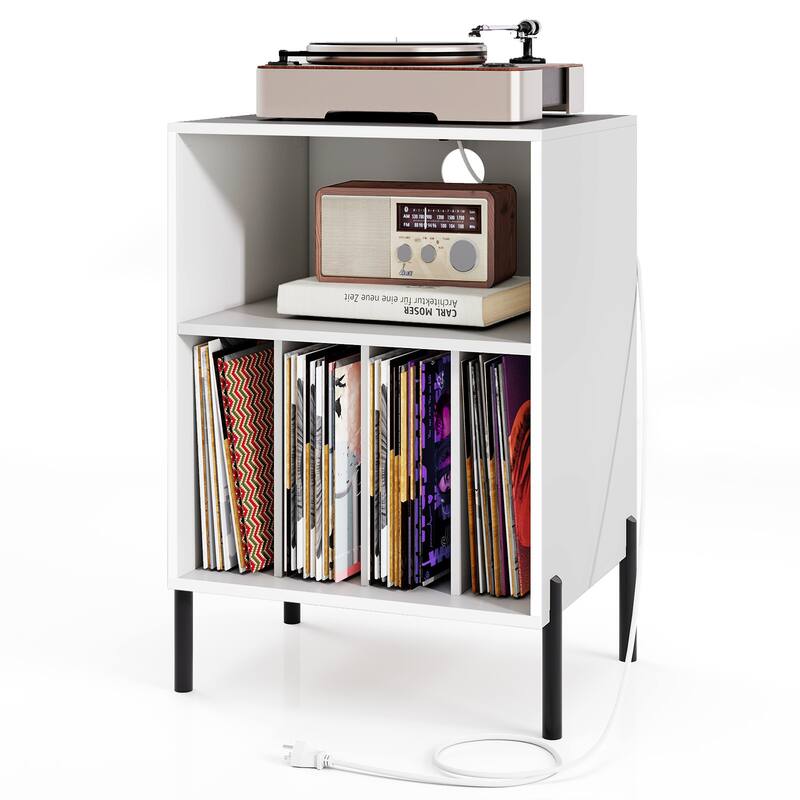 Gymax Record Player Stand w/Charging Station 5 Storage Compartments - White - MDF