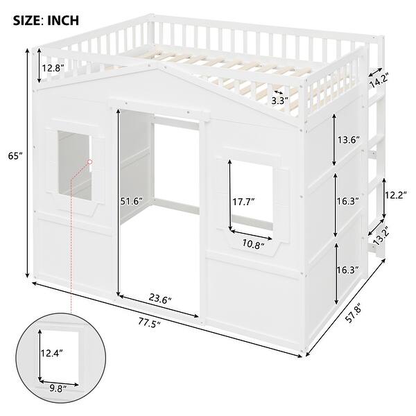 dimension image slide 2 of 4, Full Size Solid Wood House Loft Bed with Ladder