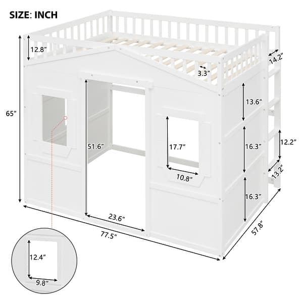 White Full Size Solid Wood House Loft Bed With Ladder for Kids, Boys and Girls, Bedroom