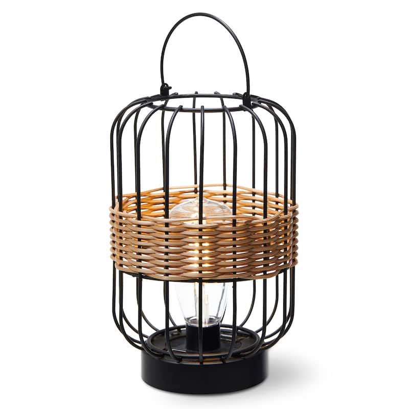 Glitzhome 11.75"H Metal & Faux Rattan Solar Powered Outdoor Lantern with Edison Bulb