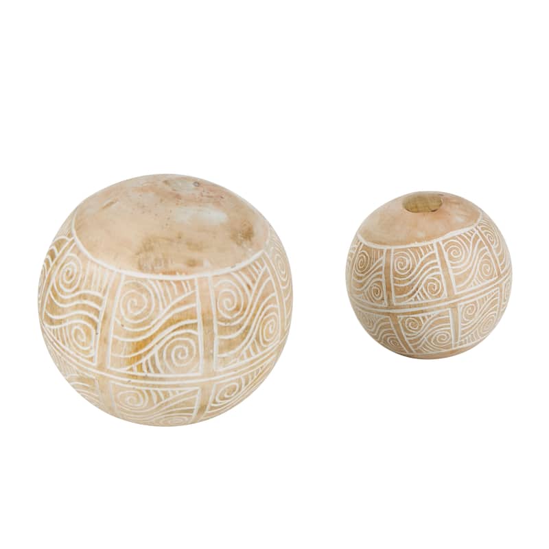 Cream Mango Wood Handmade Decorative Ball Orbs & Vase Filler with Carved Lines or Tribal Patterns (Set of 2)