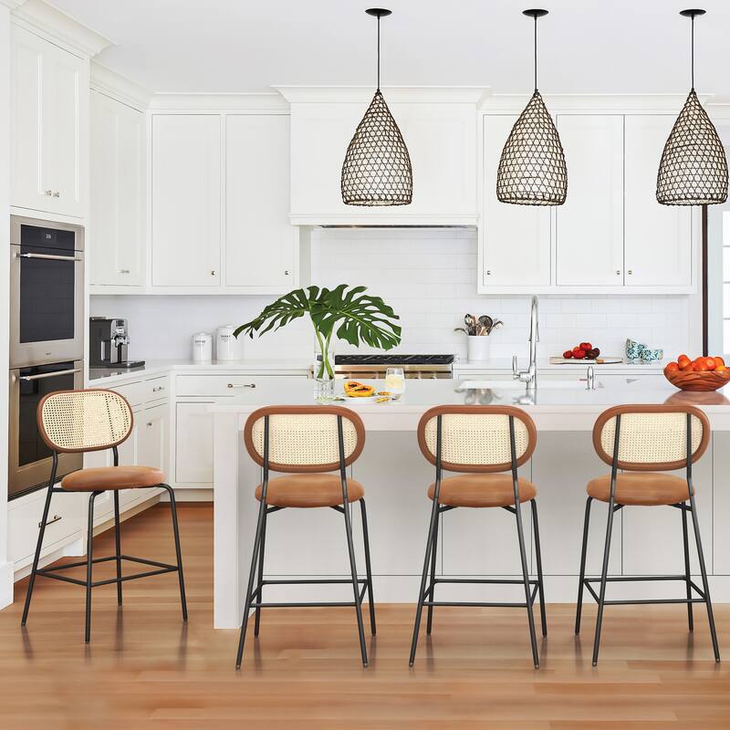 Metal Frame Rattan Counter Height Bar Stools With Faux Leather Seat (set of 4)
