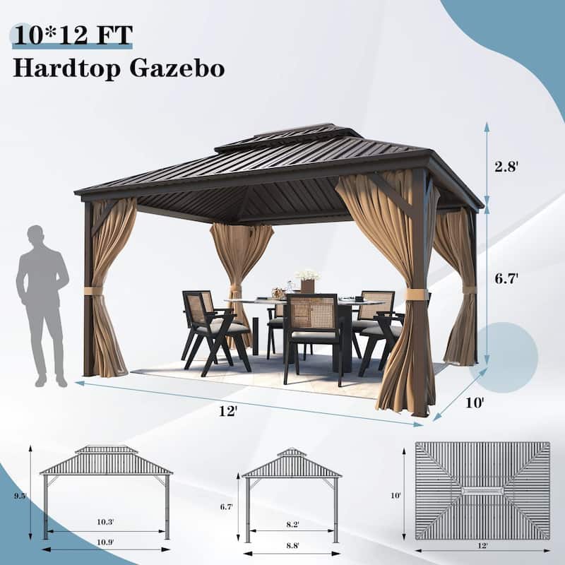 Outdoor Pro Series Galvanized Steel Hardtop Patio Gazebo Pergola w/Aluminum Frame, Prime Curtains and nettings include