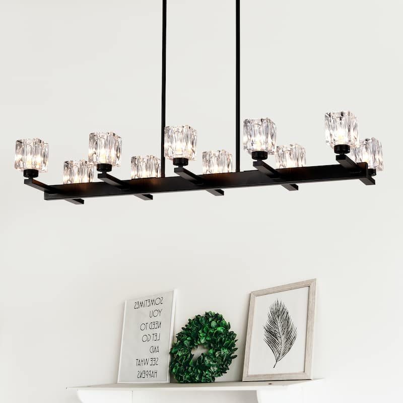 Chandelier for Dining Room, 10-Light Black Farmhouse Linear Pendant Light Fixture, Modern Crystal Hanging Lighting Chandelier