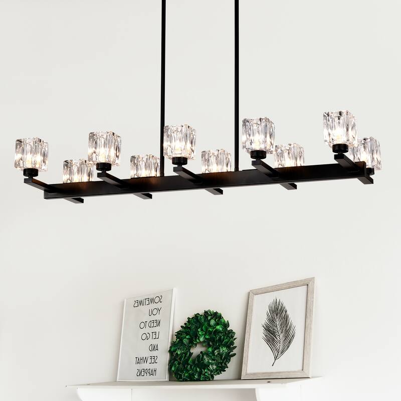 Farmhouse Style Linear Crystal Chandelier, 10-Light Dining Room Chandelier, for Kitchen Islands and Bars