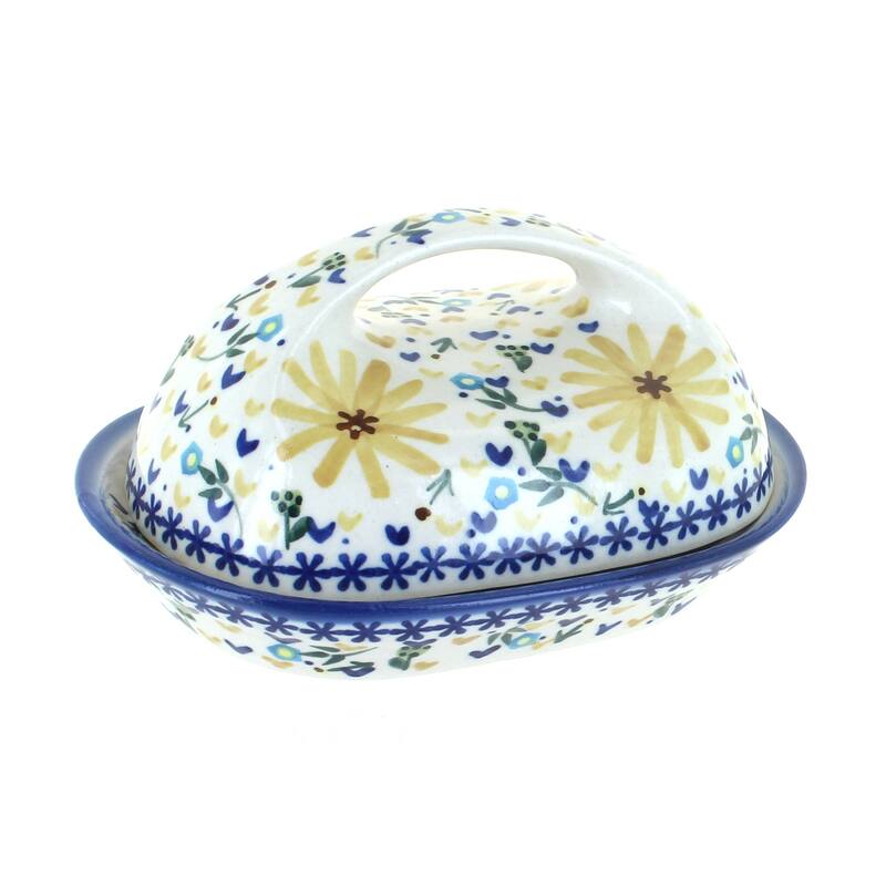 Blue Rose Polish Pottery 15A WR Unikat Butter Dish - Yellow Daisy