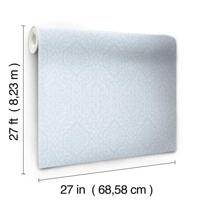 Gagny Blue Sure Strip Prepasted Damask Catherdral Damask Wallpaper Covers about 60.75 sq. ft.