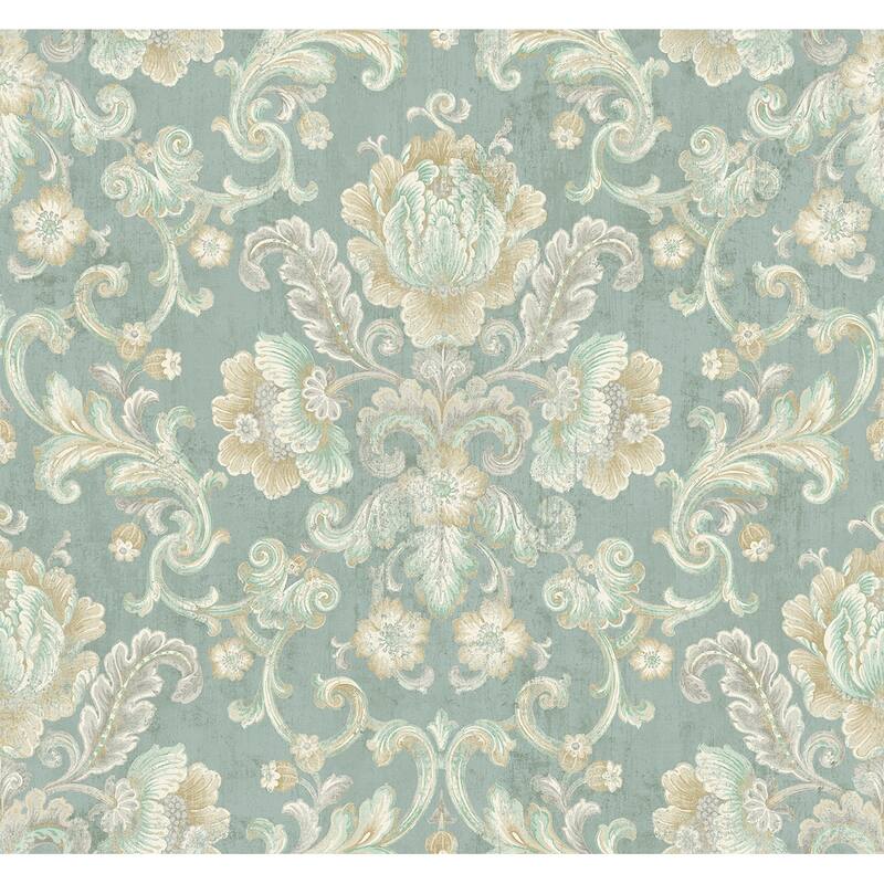 Seabrook Designs Norris Floral Cameo Unpasted Wallpaper - 27 in. W x 27 ft. L - Gold & Sea Green