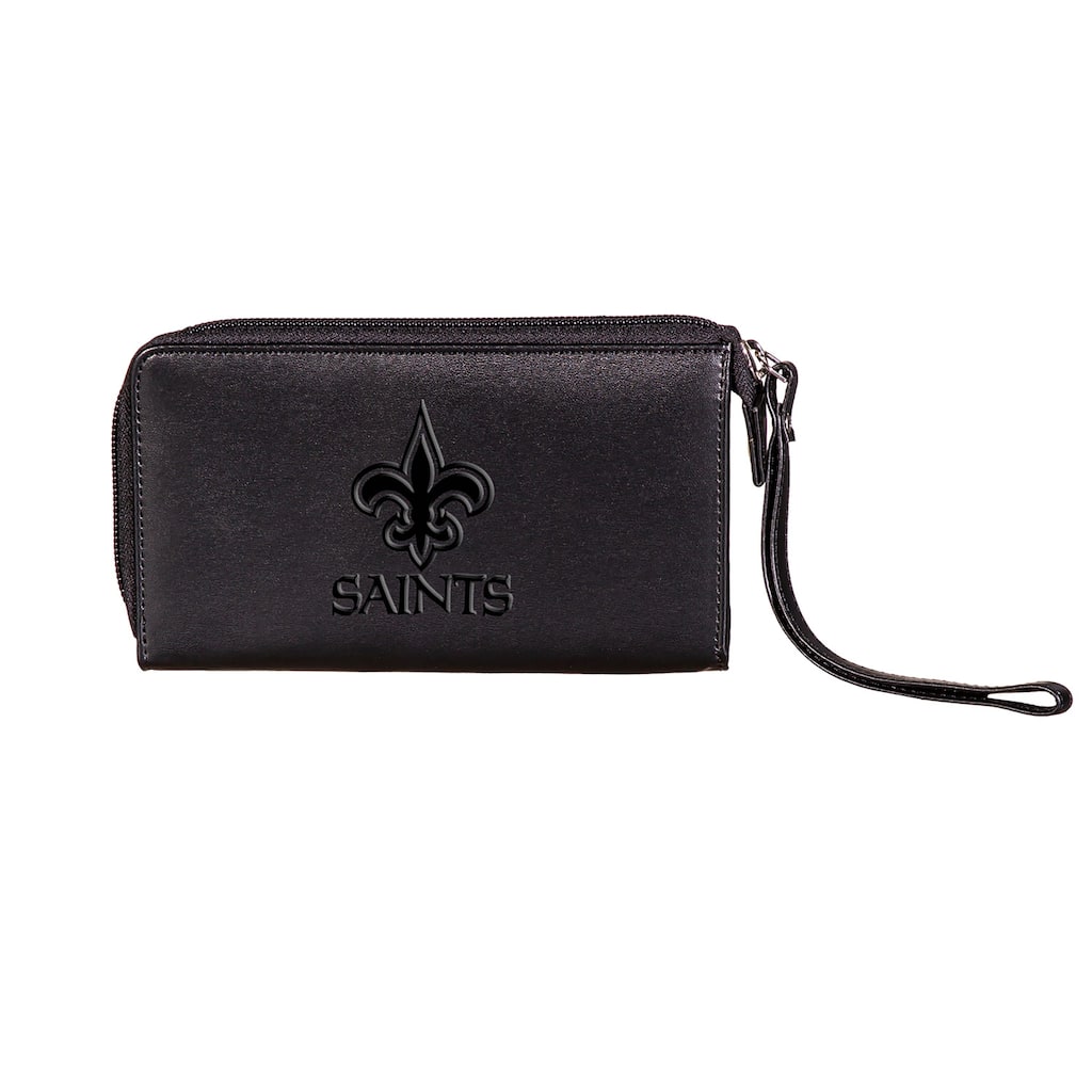 Black Hybrid Leather Cell Phone Wristlet Wallet, New Orleans Saints - 4" x 7"