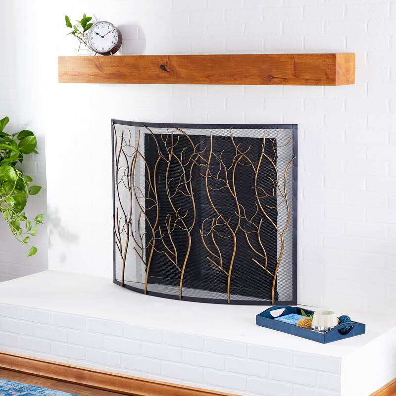 Brass Metal Branch Single Panel Tree Fireplace Screen with Mesh Netting - Brass