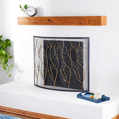 Brass Metal Branch Single Panel Tree Fireplace Screen with Mesh Netting