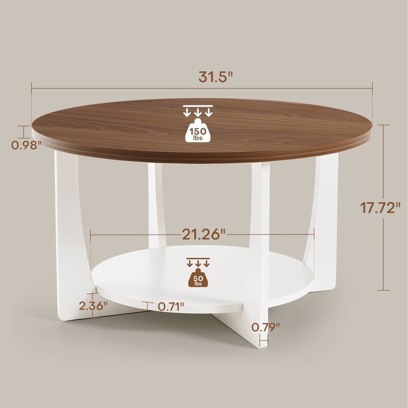 31.5" Round Coffee Table with Solid Wood Legs and 2-Tier Storage - 31.5"Dia x 17.72"H