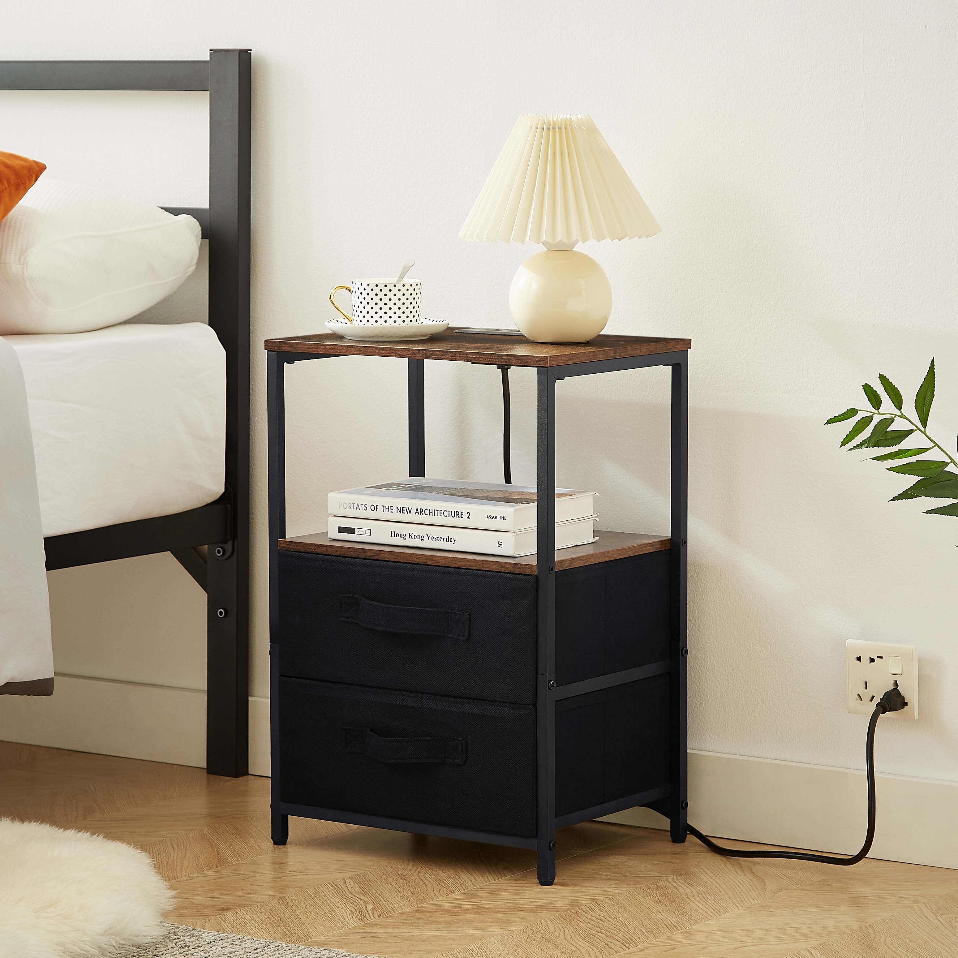 Brown Nightstand with Charging Station and Nonwoven Drawers for Living Room Open Storage Shelf