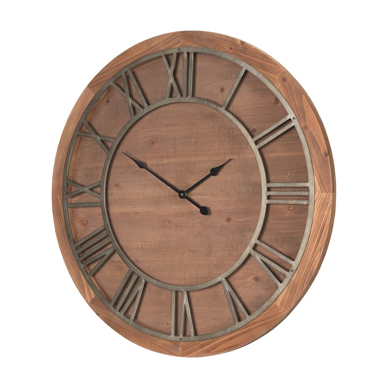 Raul Medium Brown Wood W/ Silver Metal Wall Clock - 35.7L x 2.3W x 35.7H - Medium Brown
