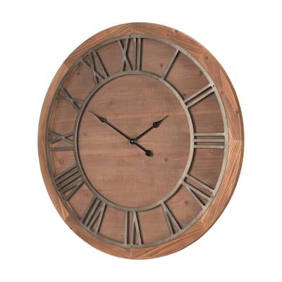Raul Medium Brown Wood W/ Silver Metal Wall Clock - 35.7L x 2.3W x 35.7H